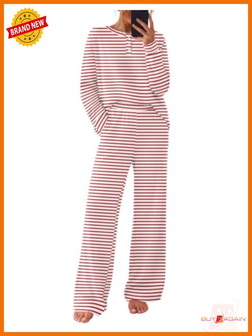 Ekouaer Women 2-Piece Cotton Pajama Set Long Sleeve Henley Lounge Pjs